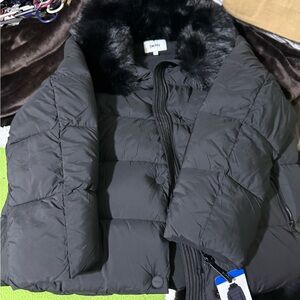 DKNY Charcoal Puffer Jacket with Plush Fur Trim